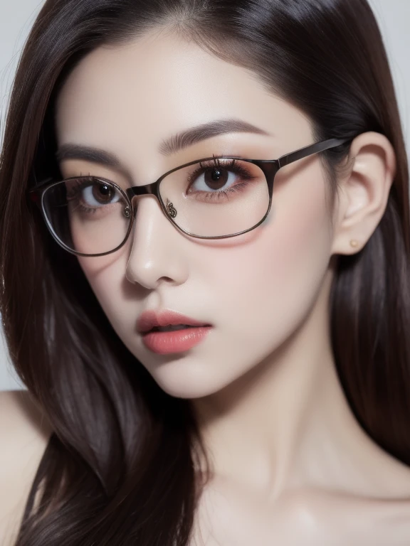 (realistic、masterpiece、Best Quality、8K、highres、high resolution:1.3)、1 girl、clear cute face、glasses、huge breast、white skin、looking at viewers、super fine face and eyes、long hair、 upper body、