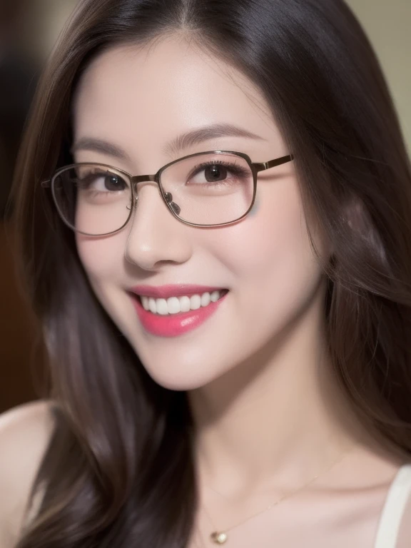 (realistic、masterpiece、Best Quality、8K、highres、high resolution:1.3)、1 girl、clear cute face、glasses、smile、white skin、looking at viewers、super fine face and eyes、long hair、 upper body、