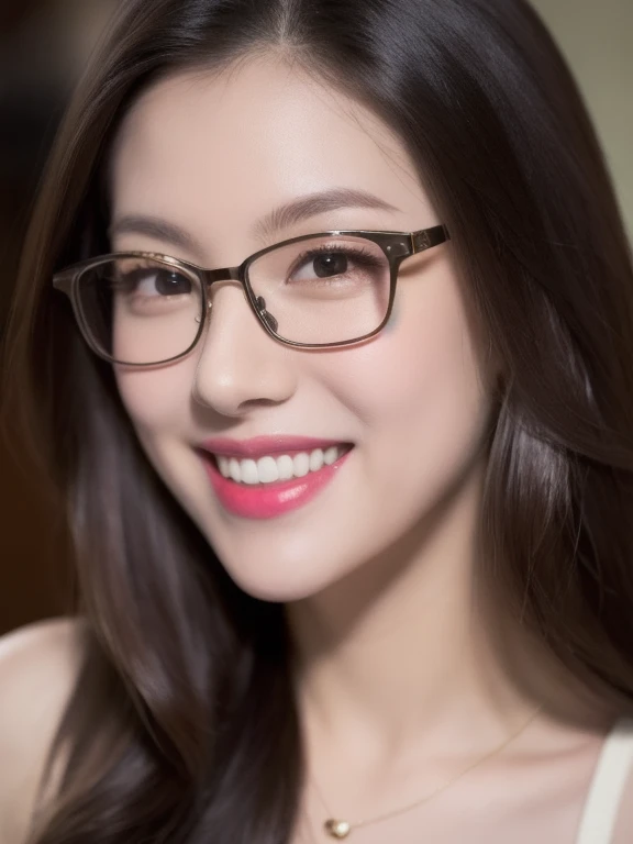 (realistic、masterpiece、Best Quality、8K、highres、high resolution:1.3)、1 girl、clear cute face、glasses、smile、white skin、looking at viewers、super fine face and eyes、long hair、 upper body、