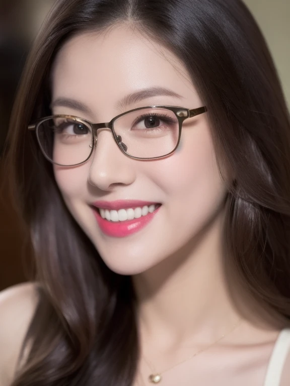 (realistic、masterpiece、Best Quality、8K、highres、high resolution:1.3)、1 girl、clear cute face、glasses、smile、white skin、looking at viewers、super fine face and eyes、long hair、 upper body、