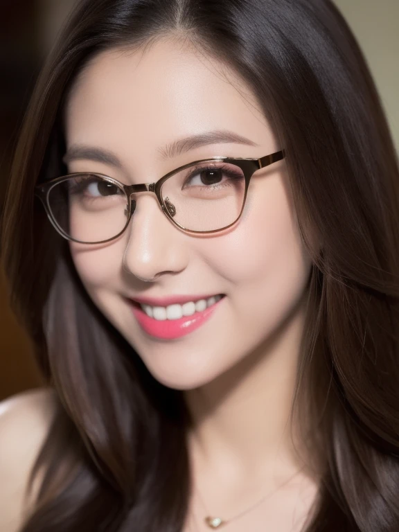(realistic、masterpiece、Best Quality、8K、highres、high resolution:1.3)、1 girl、clear cute face、glasses、smile、white skin、looking at viewers、super fine face and eyes、long hair、 upper body、