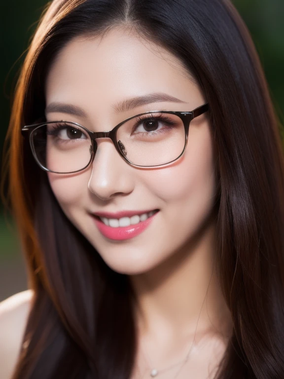 (realistic、masterpiece、Best Quality、8K、highres、high resolution:1.3)、1 girl、clear cute face、glasses、smile、white skin、looking at viewers、super fine face and eyes、long hair、 upper body、