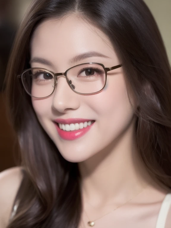 (realistic、masterpiece、Best Quality、8K、highres、high resolution:1.3)、1 girl、clear cute face、glasses、smile、white skin、looking at viewers、super fine face and eyes、long hair、 upper body、