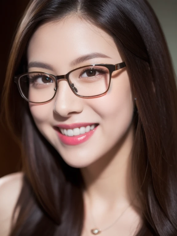(realistic、masterpiece、Best Quality、8K、highres、high resolution:1.3)、1 girl、clear cute face、glasses、smile、white skin、looking at viewers、super fine face and eyes、long hair、 upper body、