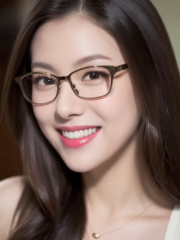 (realistic、masterpiece、Best Quality、8K、highres、high resolution:1.3)、1 girl、clear cute face、glasses、smile、white skin、looking at viewers、super fine face and eyes、long hair、 upper body、