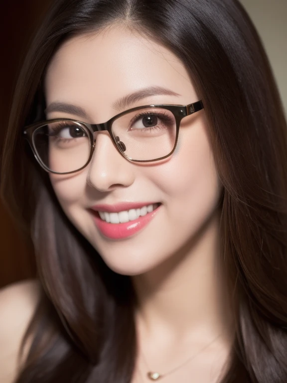 (realistic、masterpiece、Best Quality、8K、highres、high resolution:1.3)、1 girl、clear cute face、glasses、smile、white skin、looking at viewers、super fine face and eyes、long hair、 upper body、