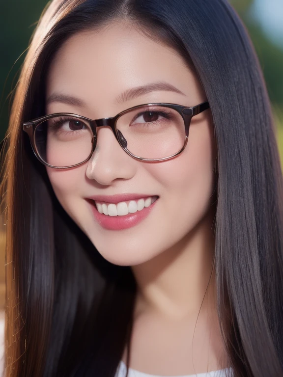 (realistic、masterpiece、Best Quality、8K、highres、high resolution:1.3)、1 girl、clear cute chubby face、glasses、smile、white skin、chubby girl、looking at viewers、super fine face and eyes、long blonde hair、 upper body、
