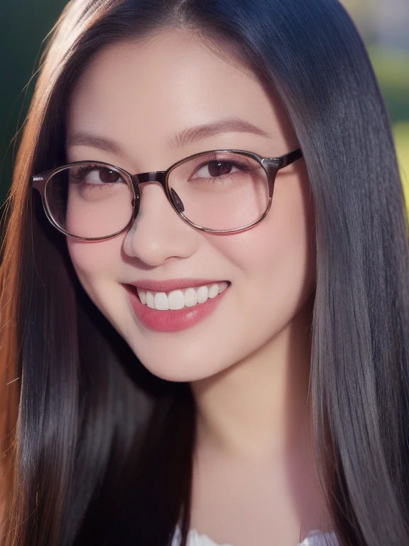 (realistic、masterpiece、Best Quality、8K、highres、high resolution:1.3)、1 girl、clear cute chubby face、glasses、smile、white skin、chubby girl、looking at viewers、super fine face and eyes、long blonde hair、 upper body、