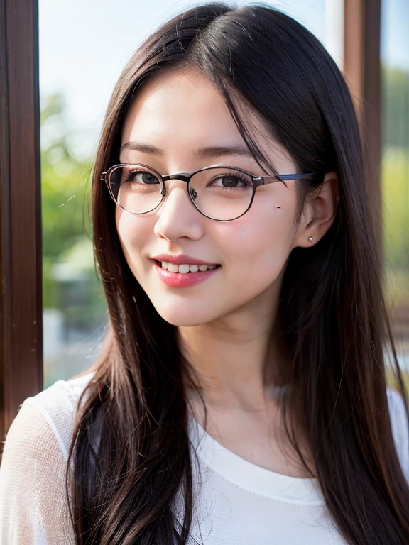 (realistic、masterpiece、Best Quality、8K、highres、high resolution:1.3)、1 girl、clear cute round face、glasses、smile、white skin、chubby girl、looking at viewers、super fine face and eyes、long hair、 upper body、