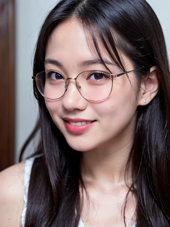 (realistic、masterpiece、Best Quality、8K、highres、high resolution:1.3)、1 girl、clear cute round face、glasses、smile、white skin、chubby girl、looking at viewers、super fine face and eyes、long hair、 upper body、