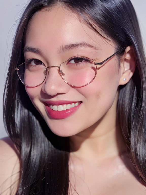 (realistic、masterpiece、Best Quality、8K、highres、high resolution:1.3)、1 girl、clear cute round face、glasses、smile、white skin、chubby girl、looking at viewers、super fine face and eyes、long hair、 upper body、