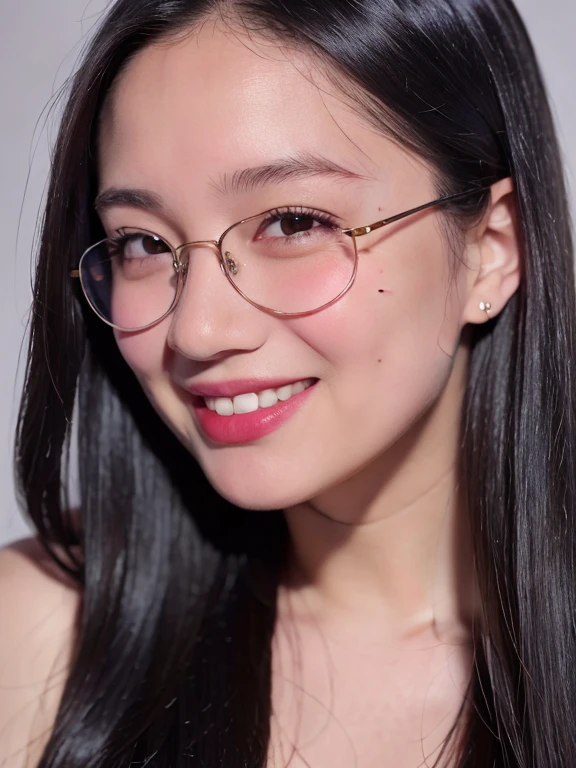 (realistic、masterpiece、Best Quality、8K、highres、high resolution:1.3)、1 girl、clear cute round face、glasses、smile、white skin、chubby girl、looking at viewers、super fine face and eyes、long hair、 upper body、