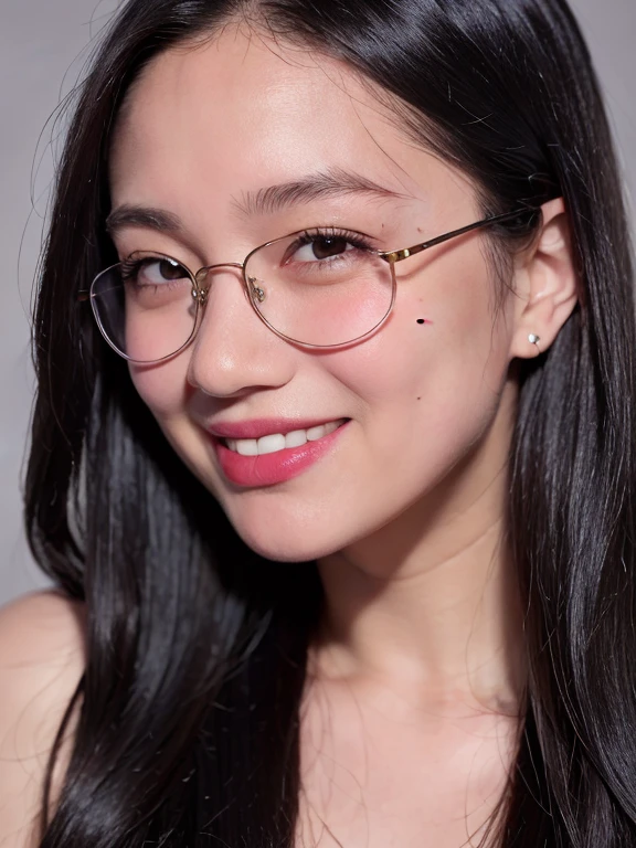 (realistic、masterpiece、Best Quality、8K、highres、high resolution:1.3)、1 girl、clear cute round face、glasses、smile、white skin、chubby girl、looking at viewers、super fine face and eyes、long hair、 upper body、