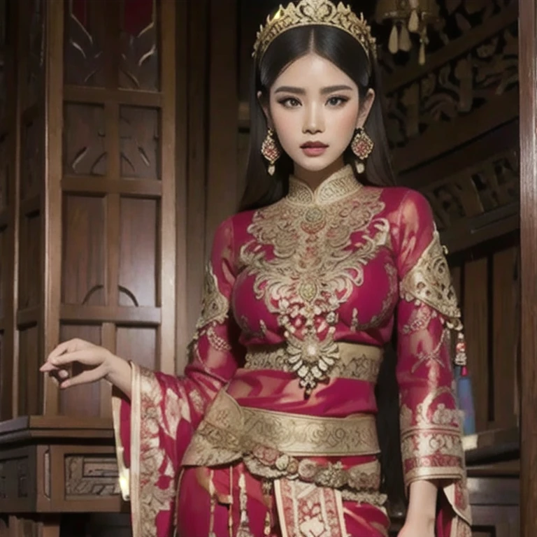  a woman in a red top and blue pants, wearing an ornate outfit, traditional beauty, very beautiful enga style, intricate outfit, ornate attire, wearing ornate clothing, wearing an elegant tribal outfit, traditional clothes, traditional clothing, red lace, traditional dress, inspired by I Ketut Soki, ornate dark red opulent clothing, batik