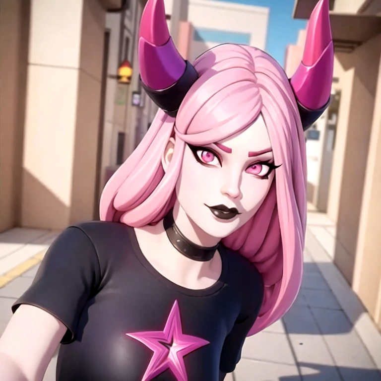 (masterpiece, best quality:1.2), fortnite haze style, 1woman, pink hair, horns, posing, long hair, makeup, black pants, black shirt, pink star symboll in shirt, beautiful detailed face, beautiful detailed eyes, navel, (happy), mall, goth, goth makeup, octane render, cgi, 2d