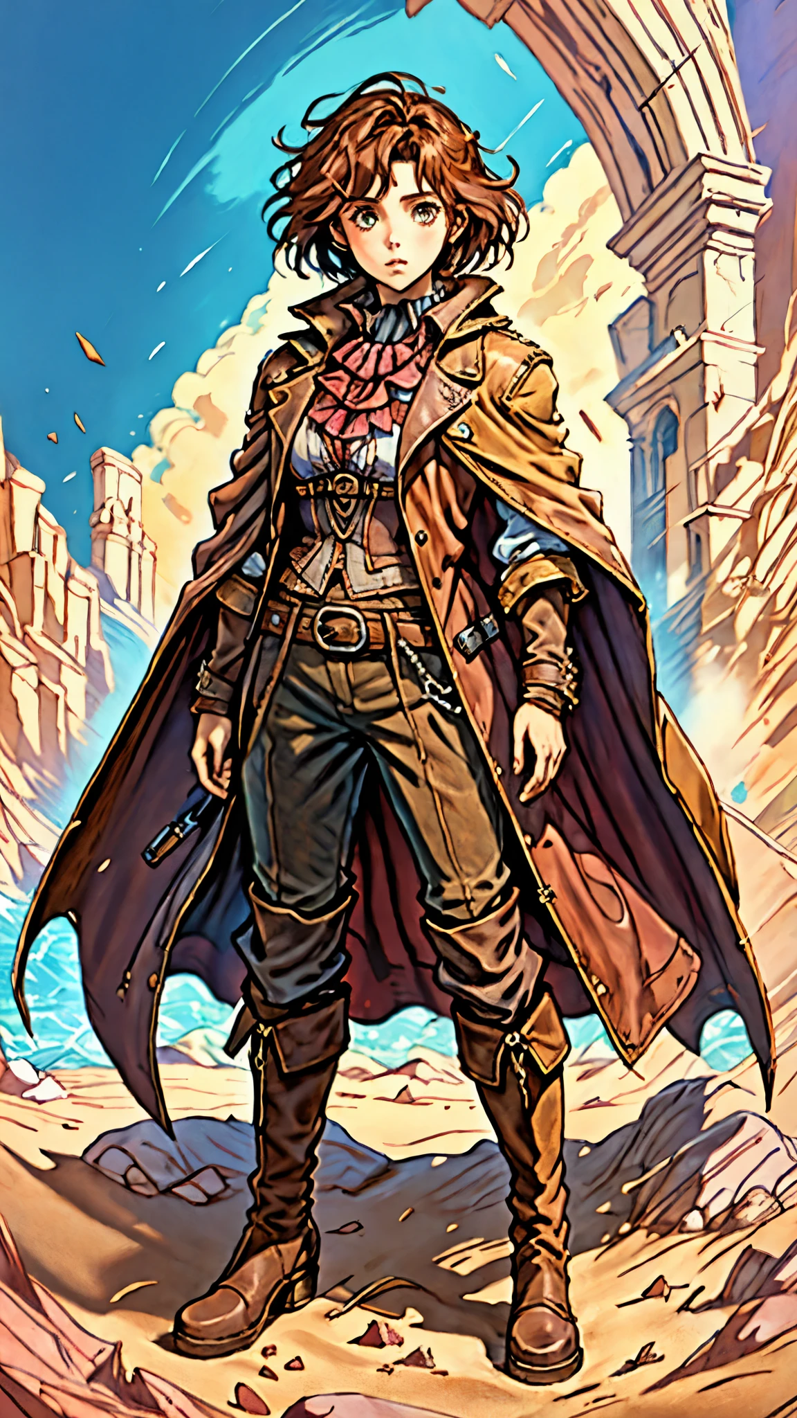 A woman with short reddish-brown hair, a determined gaze, her upper body is enveloped in a heavy cloak with leather accents, the cloak covers the lower half of her face, a tight-fitting long leather trench coat with ethnic-style details at the hem underneath, coarse fabric pants, sturdy knee-high leather boots, the background depicts a fantasy-style western town with swirling yellow sand, this character embodies a finely crafted fantasy western-style female shaman in anime style, exquisite and mature manga art style, high definition, best quality, highres, ultra-detailed, ultra-fine painting, extremely delicate, professional, anatomically correct, symmetrical face, extremely detailed eyes and face, high quality eyes, creativity, RAW photo, UHD, 8k, Natural light, cinematic lighting, masterpiece-anatomy-perfect, masterpiece:1.5