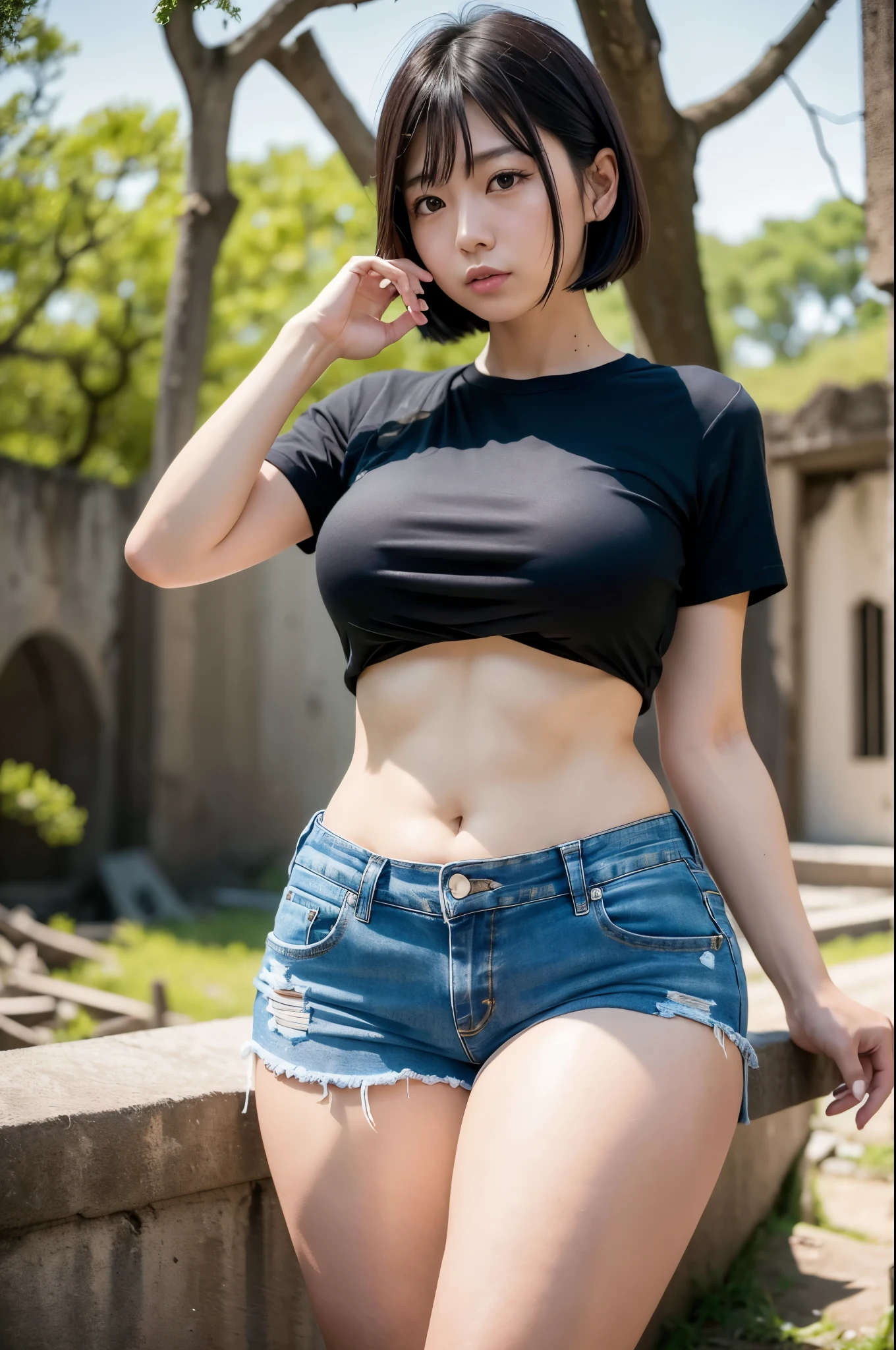 raw photos, best quality, masterpiece, epic, highest detail, 26 years old, japanese lady, solo, wearing a t-shirt and short jeans, (thighs:1.3), look at me, plump body, expoding an abdomen, black short hair, (abs:1.1), small breast, serious face, split lips, standing in the ruins
