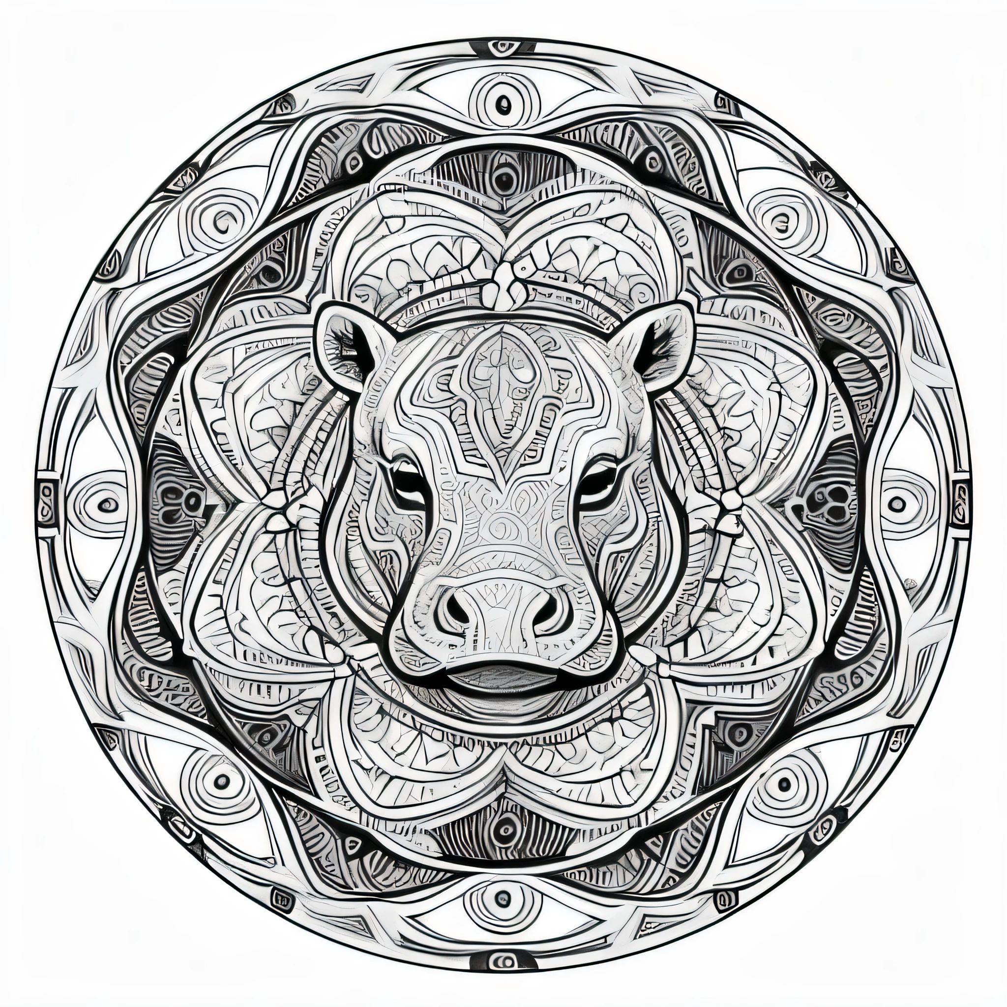 desenhos para colorir, using only thin strokes, sem pintura, Preto e branco ((drawing of a hippopotamus face)) em uma moldura circular de mandala, detailed hippo in the middle, desenhos para colorir, hyper arte de linha detalhada, arte de linha fina, vector art in Preto e branco, ink strokes, Intrincado e ousado, highly detailed and hypnotic illustration, trabalho de linha altamente detalhado, arte de linha detalhada, pelos detalhes intrincados. spaced so it can be colored, just spaces to color