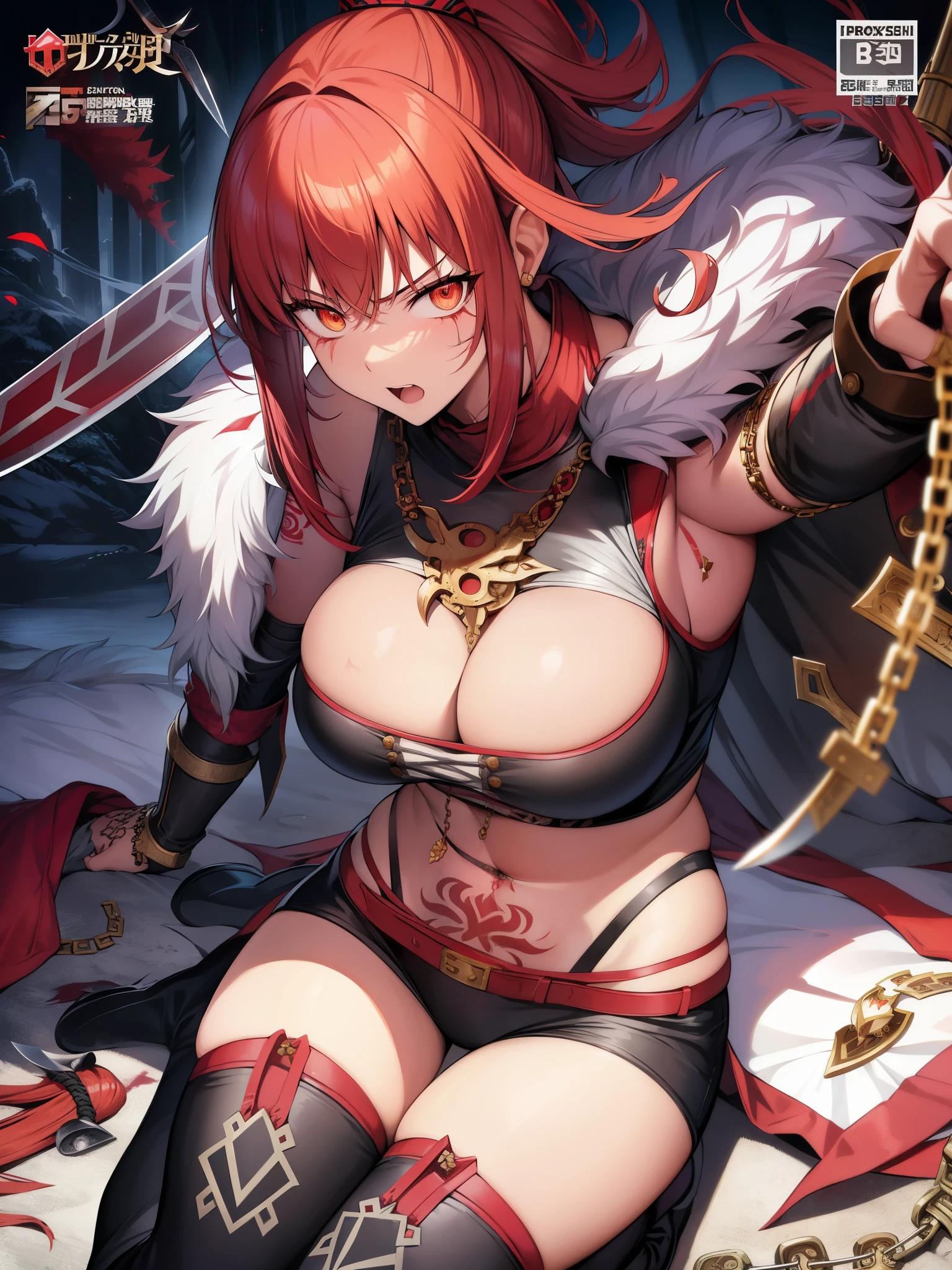 Berserker、warrior、muste piece、best quality、Super detailed、An illustration、Super detailedな顔、best face、wild、30 years old、adult、1 girl、anger expression、brutality、big breasts、muscular、super strong、bandage、scar、war fanatic、two-handed giant ax、Olaf、red messy hair、Wild Costume、Fur coat、tooth necklace、chain、Knee-high boots、Tattoo of the lower abdomen、hunting knife、hunter、fur ornament、intricate details