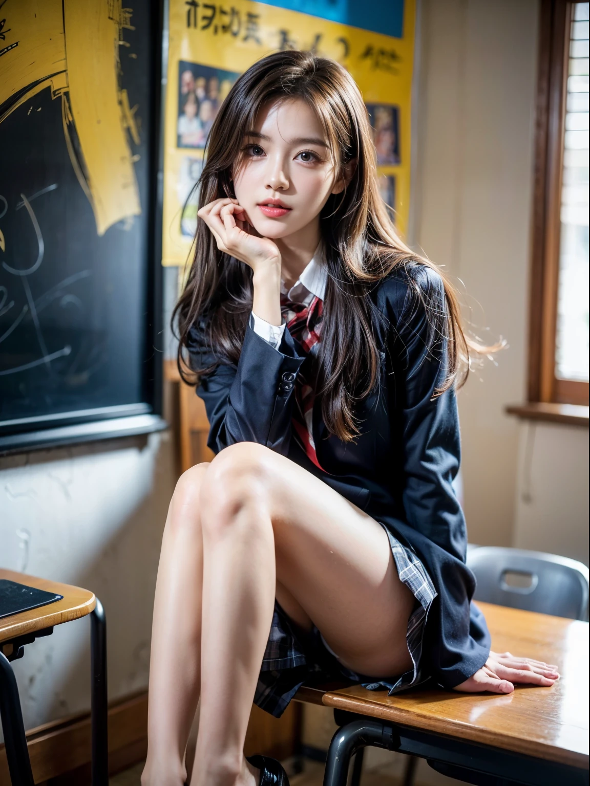 Ulchan-6500-v1.1、(RAW photo:1.2)、(Photoreal:1.4)、beautiful detailed girl、very detailed目と顔、beautiful and detailed eyes、that'that'That's ridiculous、unbelievable that'that'That's ridiculous、huge file size、Super detailed、High resolution、very detailed、highest quality、masterpiece、Kemomimi、((japanese girl' high school uniform))、enlightenment、very detailed、cg、unite、8k wallpaper、growing up、finely、masterpiece、highest quality、Highly detailed CG uniform 8K wallpaper、 light shines on your face、cinematic lighting、1 girl、、((I can see the vagina))、((dynamic pose)))、(camel toe)、(M-shaped spread legs where you sit with your knees up and your legs bent.))classroom、big breasts