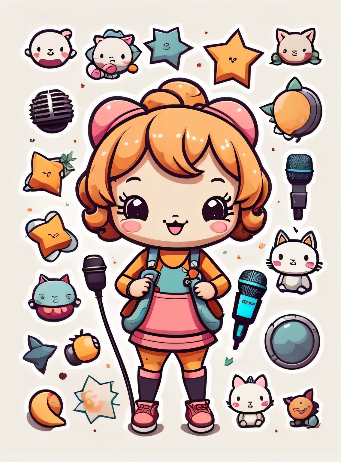 pegatina, microfone, kawaii, contorno, Vetor, fundo branco