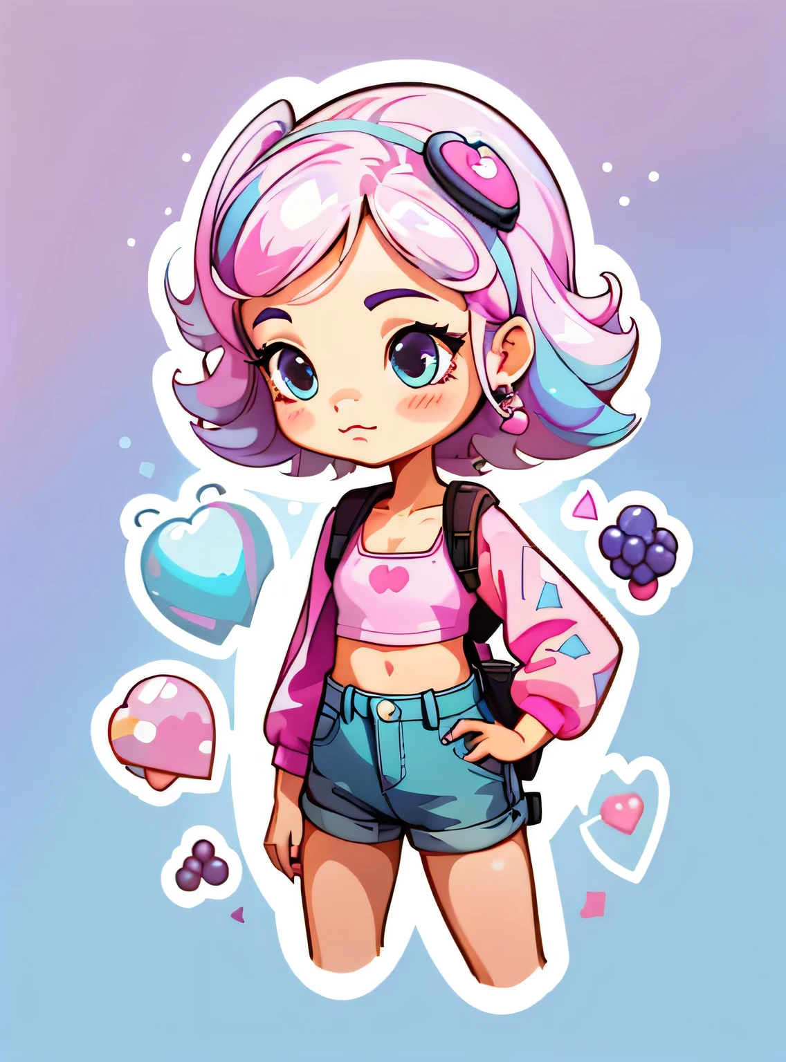 1 adesivo, manual, (uma garota estilosa, modelo, Top rosa, fresco e fresco), fundo marrom e azul, fundo simples, minimum, uva, mirtilo, Bonitinho, pequeno, cor pastel, estilo vetorial, sem gradiente，
