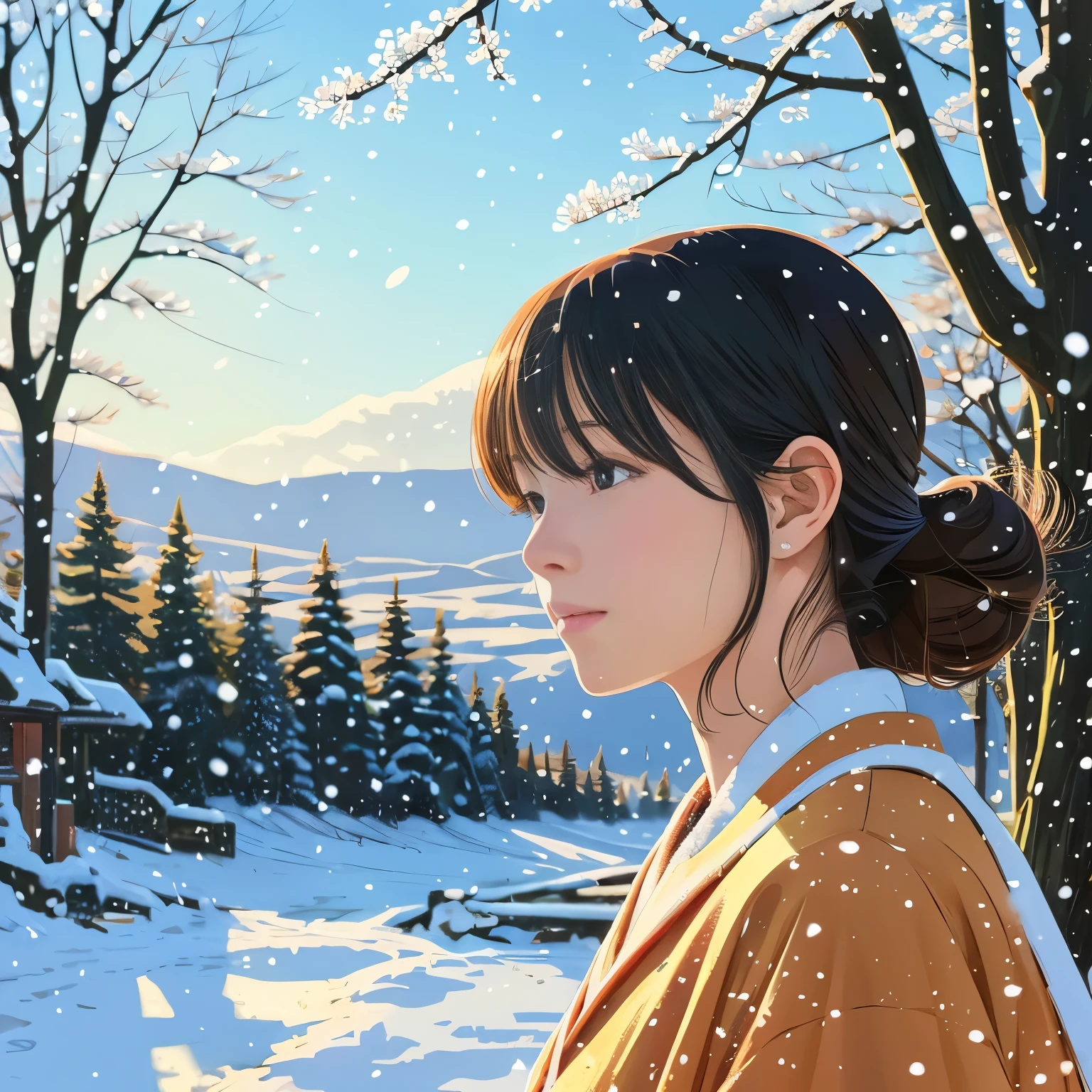 Illustration style、Ukiyo-e、Showa Anime、Woman facing this way、Japanese、The morning sun is shining in the background、Shinkai Makoto style、The season is winter、You can see the forest in the distance、It&#39;s snowing、 (highest quality, super detailed, portrait, Natural light)