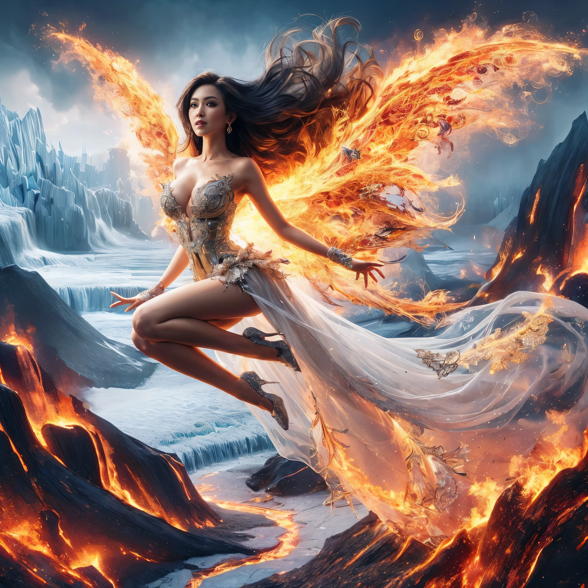 arafed woman with bustier gigantic breast in a
Tight fire corset and flame dress in front of a building, wearing an ornate outfit, ornate dress, intricate dress, elegant flame corset, ornate and elegant, extravagant dress, inspired by Hedi Xandt, ornate attire, intricate outfit, ornate royal gown, ornate clothing, ornate gown, intricate and elegant, intricate detailed dress, ornate , royal dress, detailed hand, detailed finger, Fire in the body, Fire on the dress, Fire element, Fire wings, Transparent clothing, masterpiece, best quality:1.2),,(8k,highres,RAW photo,realistic,photo-realistic:1.3),(detailed skin texture,detailed cloth texture,detailed flame texture, beautiful detailed face:1.25),professional lighting,photon mapping,beautiful soft light,radiosity,physically-based rendering,raytracing, model shoot style, model shoot style,HDR, (extremely detailed CG unity 8k wallpaper), full shot body photo of the most beautiful artwork in the world, (NSFW), (Nude), (Naked), (Nipple)
