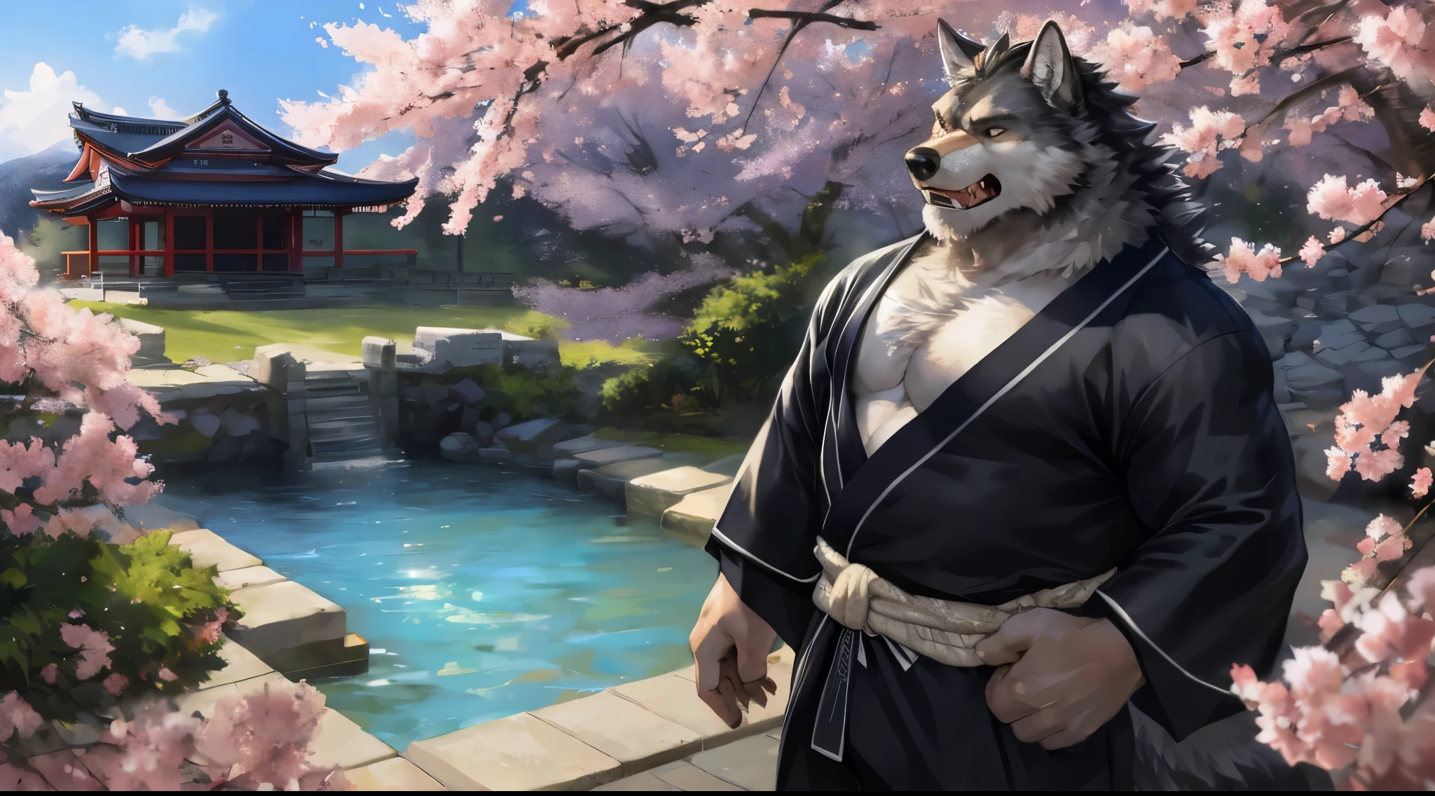 masterpiece,best quality, from high angle,kemono, anthro (wolf), male, (wolf), beard,middle-aged, gray body,white belly,muscular,japanese traditional clothes, white (fundoshi),((open) black formal kimono),,japanese building,look up to the sky,majestic,brutal,confident,strong,cherry blossoms, sakura blossoms leaves, outdoors, dynamic angle,depth of field,delicate canine tooth,correct anatomy, correct hand,,hd, dim ,dark,dark shadows, light against dark,cinematic, dramatic light,wide dynamic range, hdr, low light:1.2, by Pino Daeni, (by ruaidri), by virtyalfobo