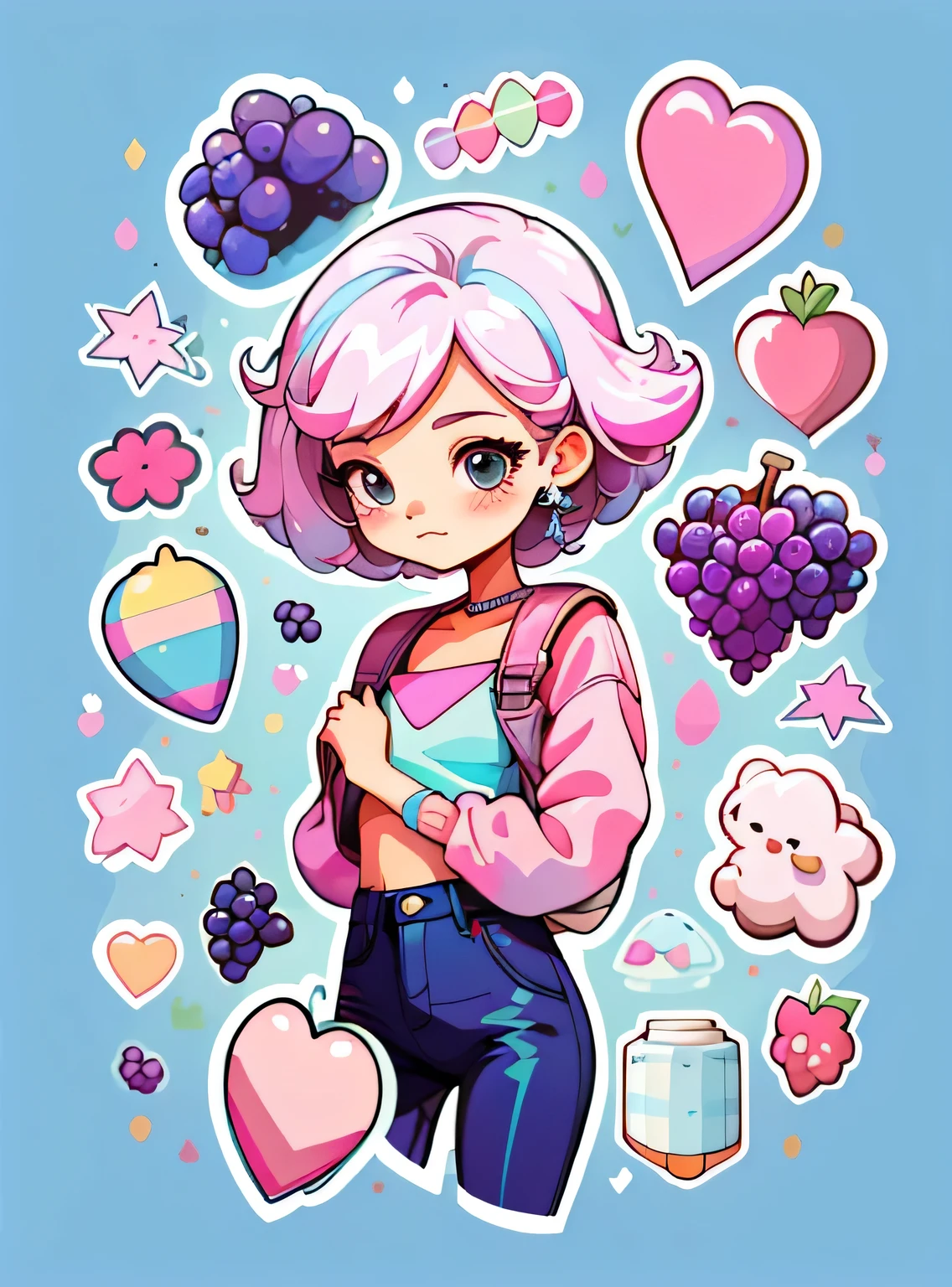 1 adesivo, manual, (uma garota estilosa, modelo, Top rosa, fresco e fresco), fundo marrom e azul, fundo simples, minimum, uva, mirtilo, Bonitinho, pequeno, cor pastel, estilo vetorial, sem gradiente,