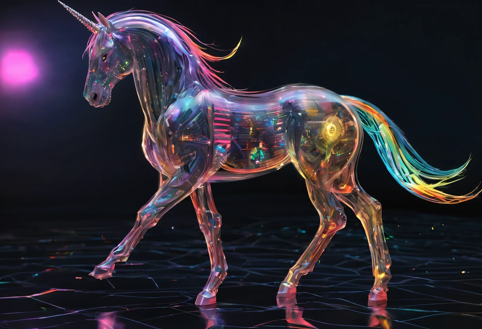 concept art, epic armored mech-unicorn ready for battle, deep shadow, cinematic lighting, high contrast, detailed metallic texture, vibrant colors, dynamic pose, explosive energy, dystopian background, intense atmosphere