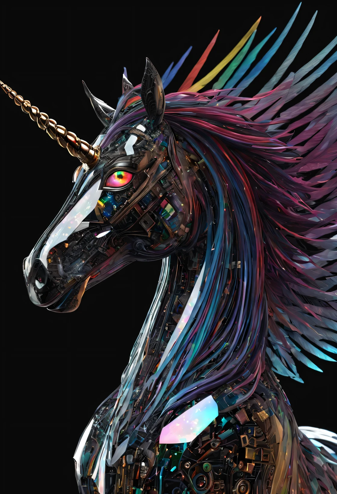 concept art, epic armored mech-unicorn ready for battle, deep shadow, cinematic lighting, high contrast, detailed metallic texture, vibrant colors, dynamic pose, explosive energy, dystopian background, intense atmosphere