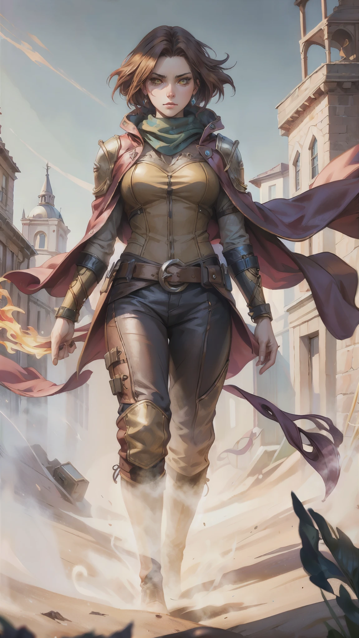 A woman with short reddish-brown hair, a determined gaze, her upper body is enveloped in a heavy cloak with leather accents, the cloak covers the lower half of her face, a tight-fitting long leather trench coat with ethnic-style details at the hem underneath, coarse fabric pants, sturdy knee-high leather boots, the background depicts a fantasy-style western town with swirling yellow sand, this character embodies a finely crafted fantasy western-style female shaman in anime style, exquisite and mature manga art style, high definition, best quality, highres, ultra-detailed, ultra-fine painting, extremely delicate, professional, anatomically correct, symmetrical face, extremely detailed eyes and face, high quality eyes, creativity, RAW photo, UHD, 8k, Natural light, cinematic lighting, masterpiece-anatomy-perfect, masterpiece:1.5