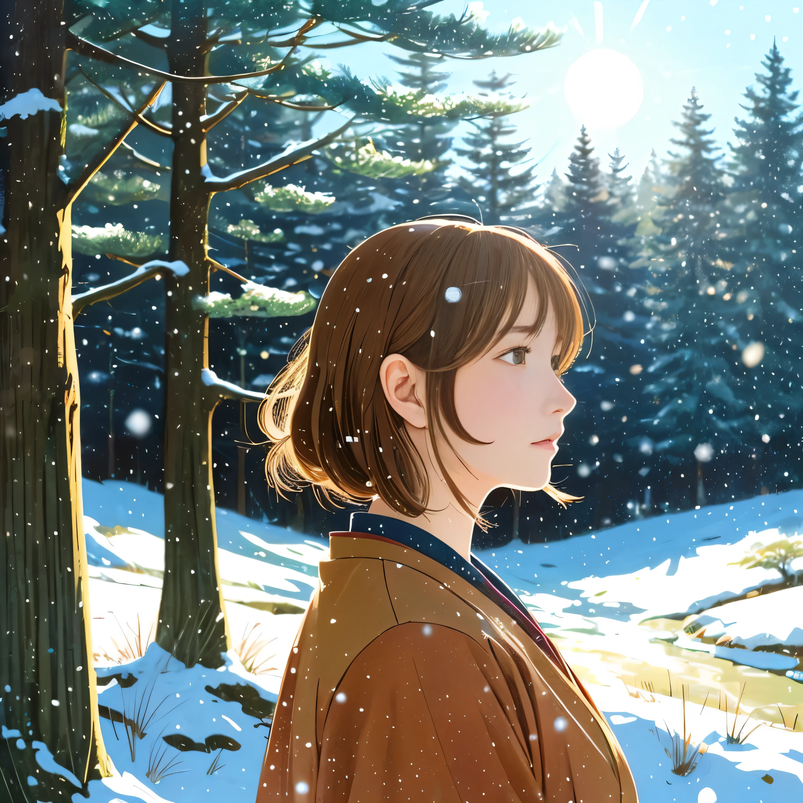 illustration style、ukiyo-e、Showa anime、Woman facing this way、Japanese、The morning sun is shining in the background、Shinkai Makoto style、The season is winter、You can see the forest in the distance、that'It's snowing、 (highest quality, Super detailed, portrait, Natural light)