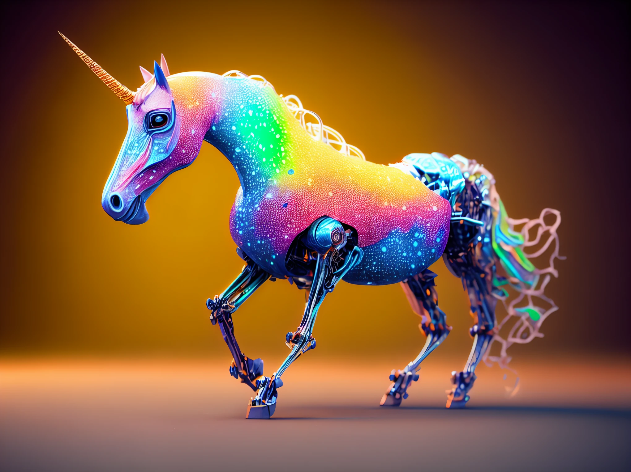 concept art, epic armored mech-unicorn ready for battle, deep shadow, cinematic lighting, high contrast, detailed metallic texture, vibrant colors, dynamic pose, explosive energy, dystopian background, intense atmosphere