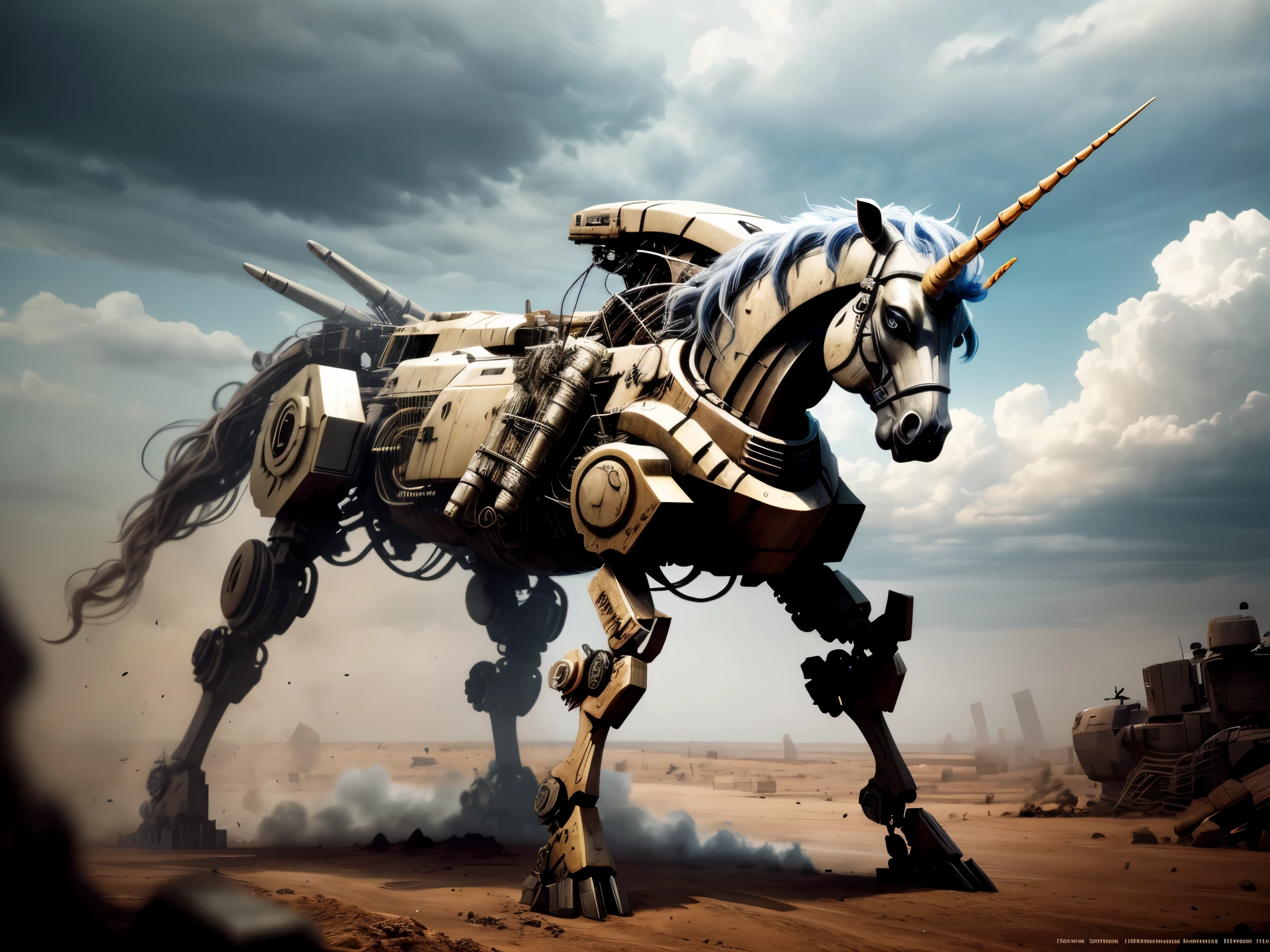 concept art, epic armored mech-unicorn ready for battle, deep shadow, cinematic lighting, high contrast, detailed metallic texture, vibrant colors, dynamic pose, explosive energy, dystopian background, intense atmosphere