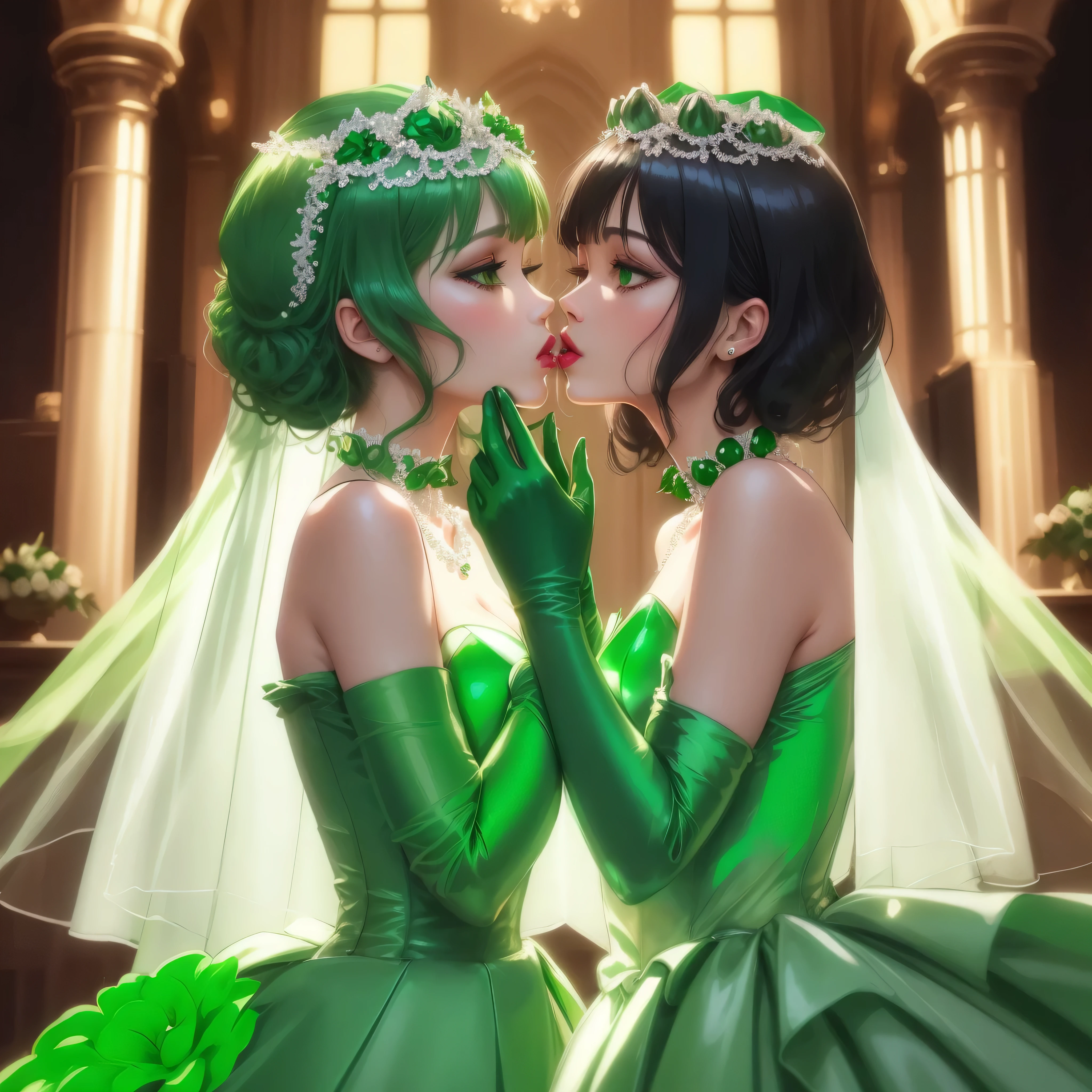 Green Satin Long Gloves, green one piece, Green shorthair, lipstick, kiss, bride, green pearl necklace, 緑のbride,Green Satin Long Gloves, Green Bridal Veil, Green shorthair, lipstick, kiss, bride, green pearl necklace, 緑のbride, lesbian, green eyes, emerald tiara, emerald earrings