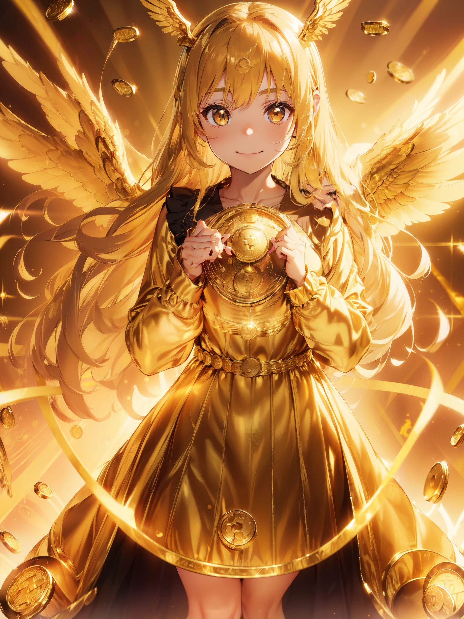 absurdres, highres, 1girl, solo, cowboy shot,
(long wavy hair), (blonde hair:1.3), (golden eyes:1.2),
smile, closed mouth, open wings,
(princes dress:1.3), (golden wings:1.3), (golden angel),
(golden effect:1.5), (golden background:1.5), (Golden coin: 1.6)、 (many golden coins:1.5)