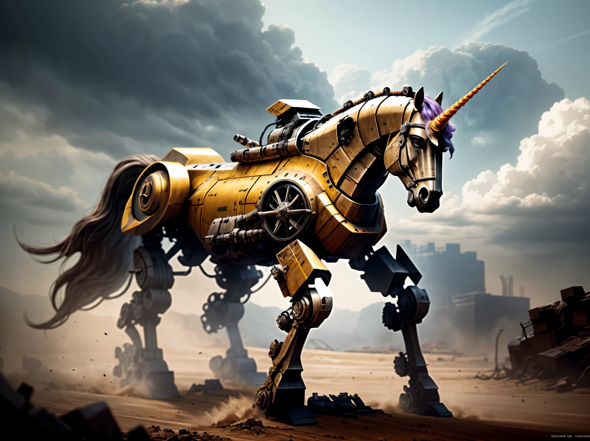 concept art, epic armored mech-unicorn ready for battle, deep shadow, cinematic lighting, high contrast, detailed metallic texture, vibrant colors, dynamic pose, explosive energy, dystopian background, intense atmosphere