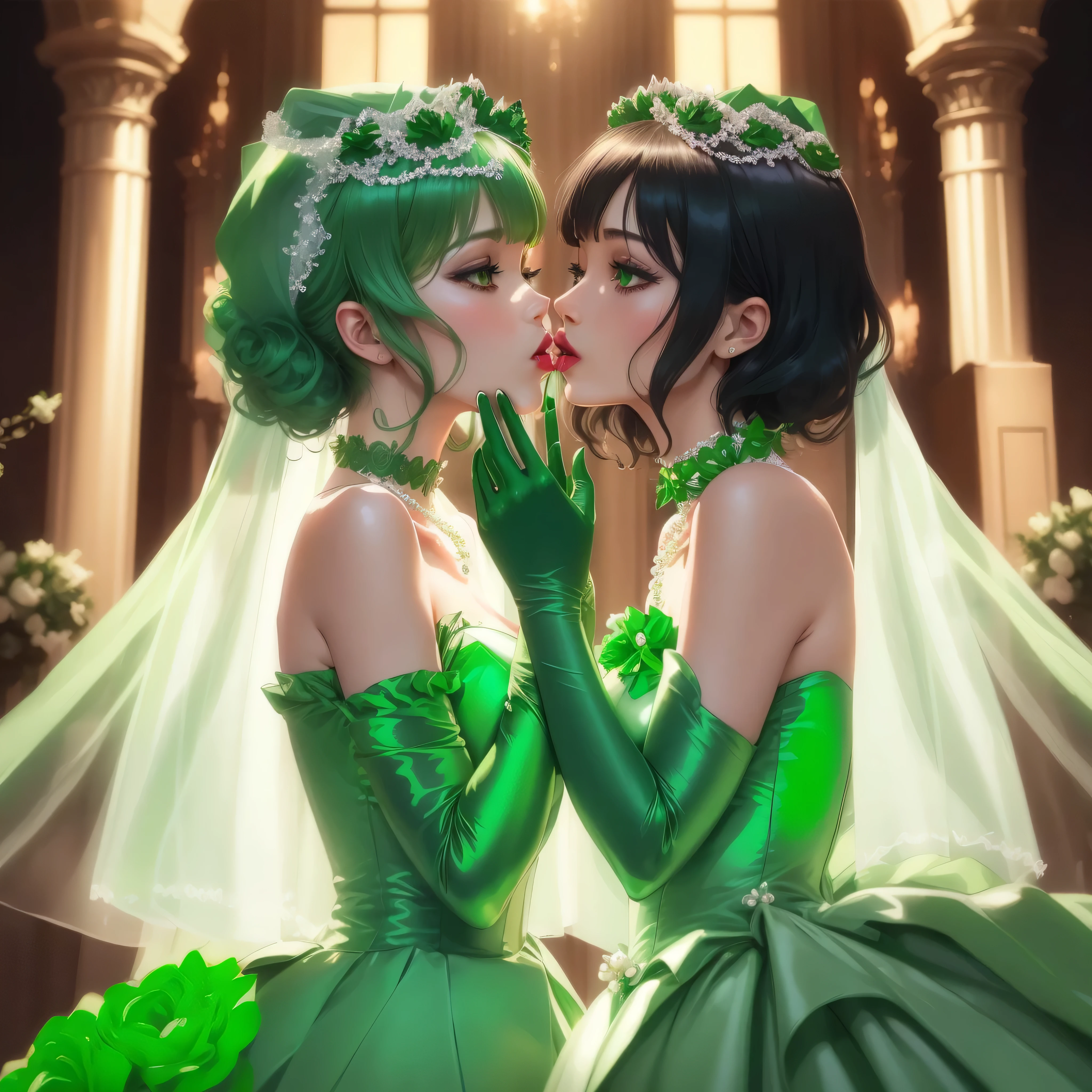 Green Satin Long Gloves, green one piece, Green shorthair, lipstick, kiss, bride, green pearl necklace, 緑のbride,Green Satin Long Gloves, Green Bridal Veil, Green shorthair, lipstick, kiss, bride, green pearl necklace, 緑のbride, lesbian, green eyes, emerald tiara, emerald earrings