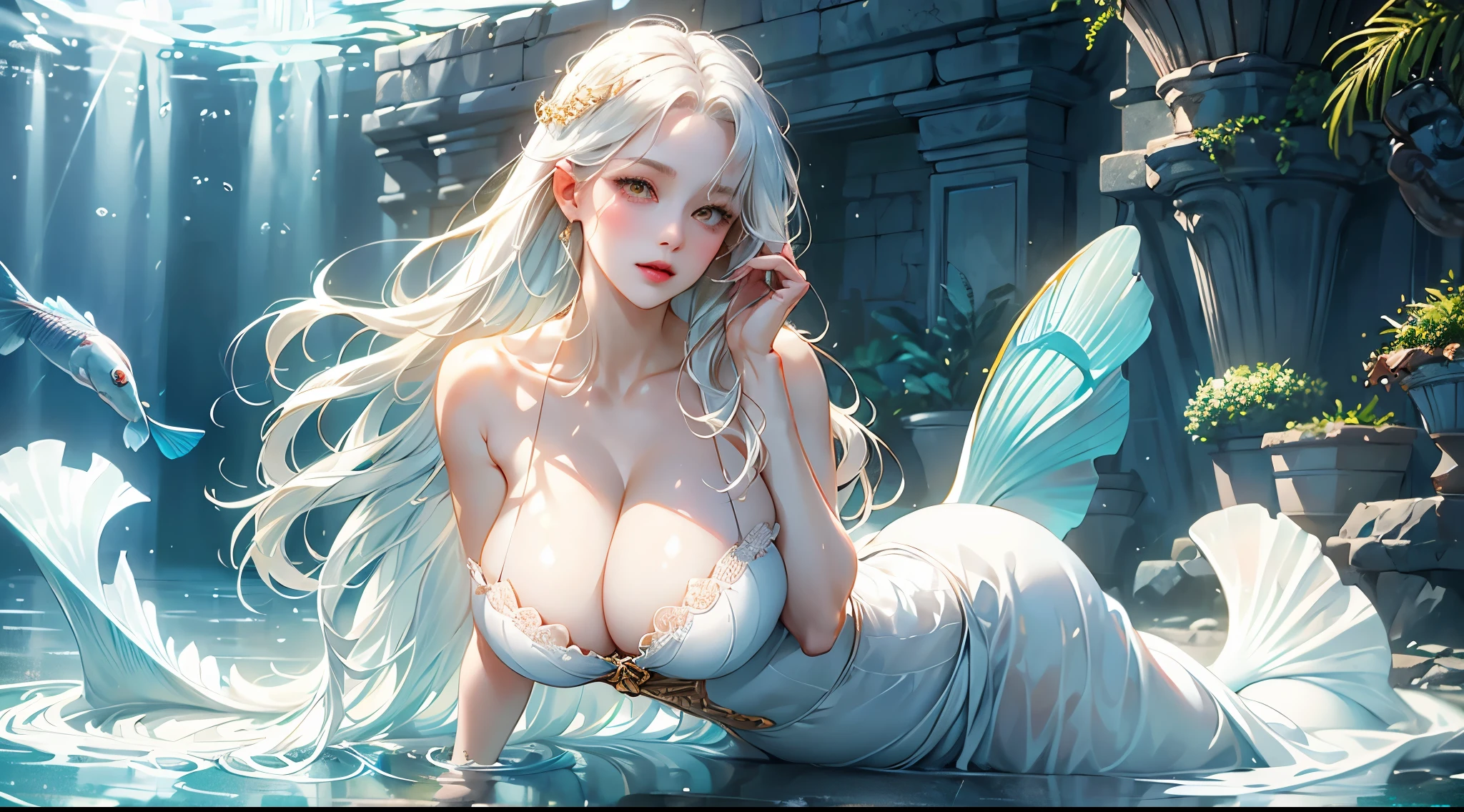Beautiful face(1.2), face detailed, wonderful woman, elegant white dress(1.3), leather belts, medieval fantasy style(1.4), beautiful landscape, white hair(head), totally white, long hair, albino girl, milf, muscular body, yellow eyes(golden color), reddish(skin body), huge breasts, Mermaid tail, fish scales, milf breasts, corset, Woman under the sea, underwater stage, fish on stage, albino woman, voluptuous body, white dress underwater, long loose dress, sea lights, blush skin, fish scales(body).