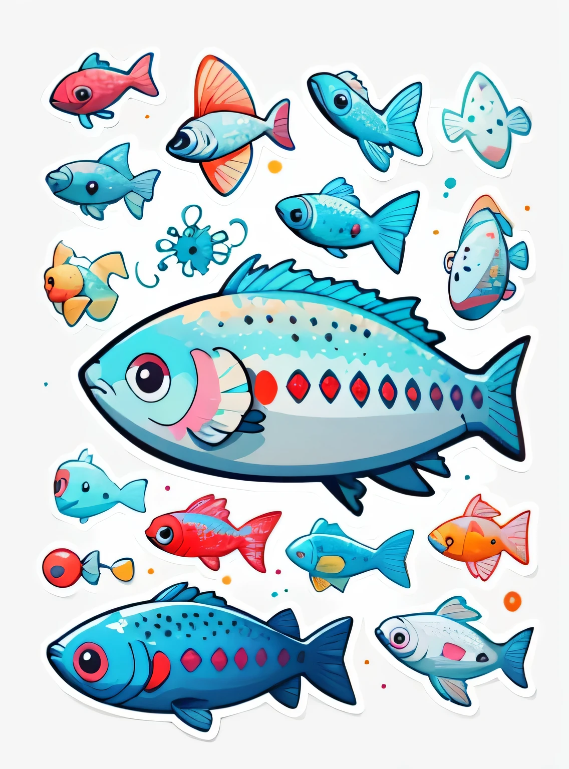 1 adesivo, (adesivos, peixe simples), aquarela, fundo branco, fundo simples, minimum, pequeno, cor pastel, estilo vetorial, sem gradiente,