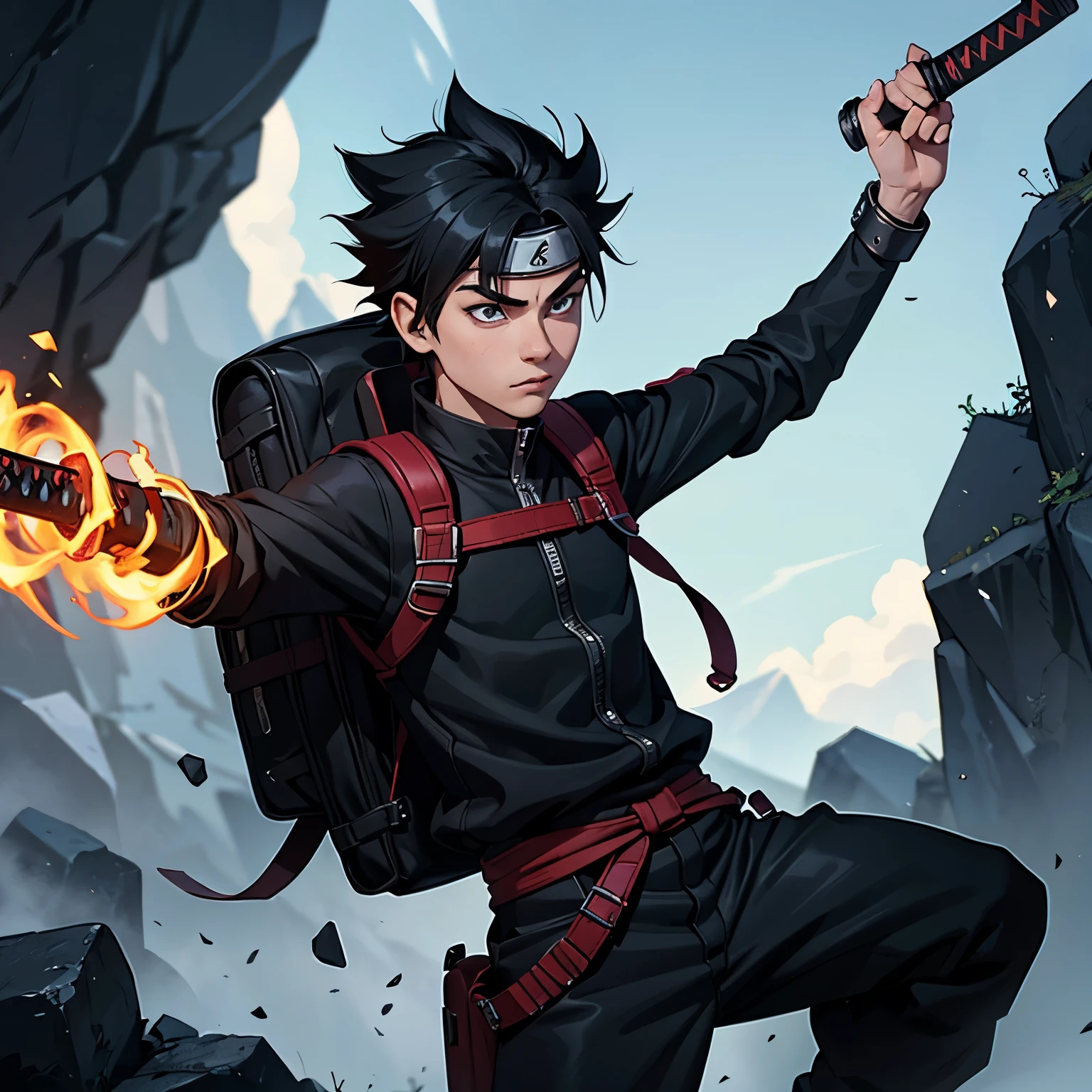 14 year old boy, black clothes, white skin, black hair, he has black bracelets and a katana, he has fire powers and on his back is an adventurer's backpack, he must only have 2 arms, be alone and draw on the line from the anime Naruto