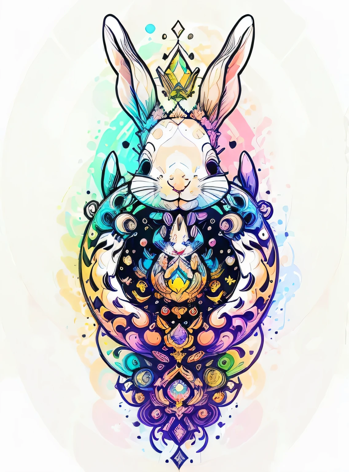 no estilo 0mib, adorable rabbit, prismatic shards, reflecting fractal circles, respingos de tinta, pinceladas derretidas, particles vortex, dramatic lighting, alta qualidade, Lindo, obra de arte