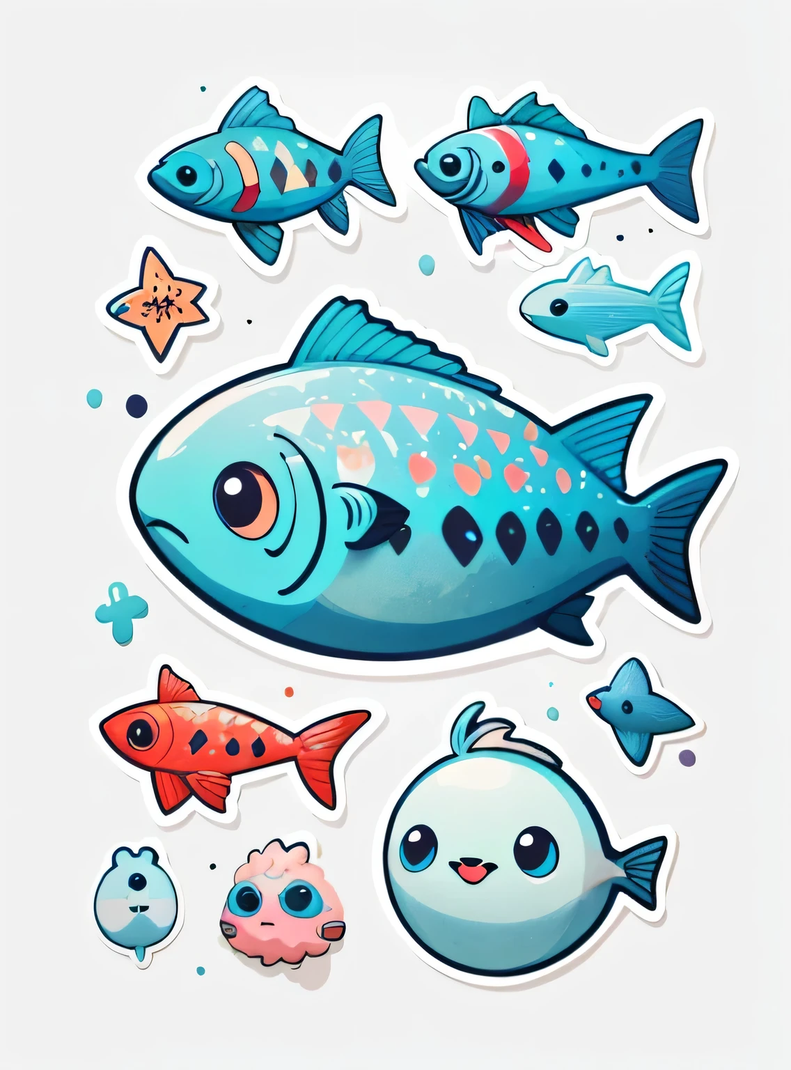1 adesivo, (adesivos, peixe simples), aquarela, fundo branco, fundo simples, minimum, pequeno, cor pastel, estilo vetorial, sem gradiente,