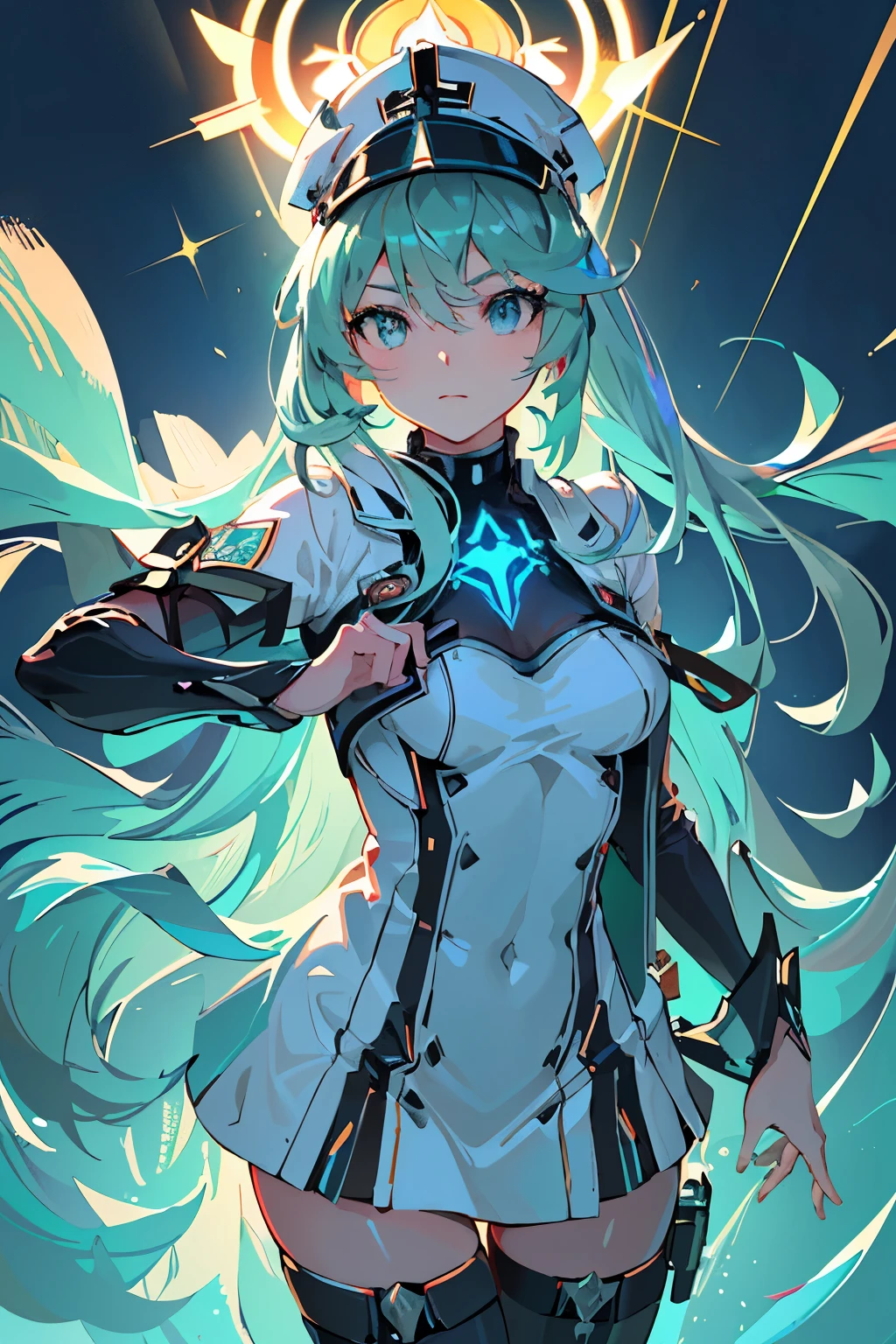 Anime, Girl, (((1girl))), (((Waifu, Xenoblade Chronicles 2, Pneuma Waifu))), (((Seafoam Green Hair, Long Hair))), ((Seafoam Green Eyes eyes:1.3, Upturned Eyes: 1, Perfect Eyes, Beautiful Detailed Eyes, Gradient eyes: 1, Finely Detailed Beautiful Eyes: 1, Symmetrical Eyes: 1, Big Highlight On Eyes: 1.2)), (((Lustrous Skin: 1.5, Bright Skin: 1.5, Skin Fair, Shiny Skin, Very Shiny Skin, Shiny Body, Plastic Glitter Skin, Exaggerated Shiny Skin, Illuminated Skin))), (Detailed Body, (Detailed Face)), Young, Idol Pose, (Best Quality), Techwear, (((Military Uniform))), (((Military Cap))), (((Military Coat))), (((Thigh-high Heeled Boots))), High Resolution, Sharp Focus, Ultra Detailed, Extremely Detailed, Extremely High Quality Artwork, (Realistic, Photorealistic: 1.37), 8k_Wallpaper, (Extremely Detailed CG 8k), (Very Fine 8K CG), ((Hyper Super Ultra Detailed Perfect Piece)), (((Flawlessmasterpiece))), Illustration, Vibrant Colors, (Intricate), High Contrast, Selective Lighting, Double Exposure, HDR (High Dynamic Range), Post-processing, Background Blur
