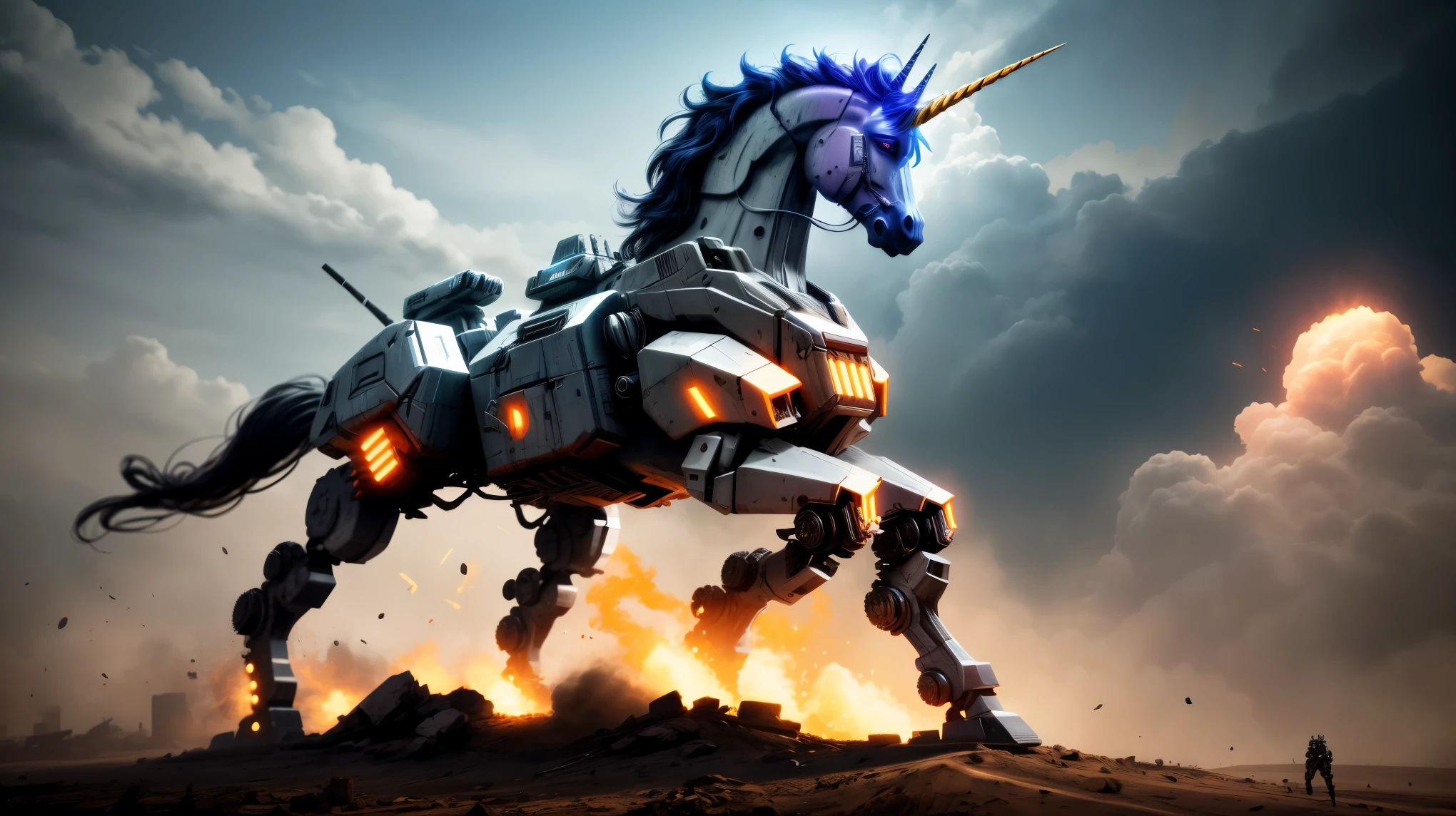 concept art, epic armored mech-unicorn ready for battle, deep shadow, cinematic lighting, high contrast, detailed metallic texture, vibrant colors, dynamic pose, explosive energy, dystopian background, intense atmosphere