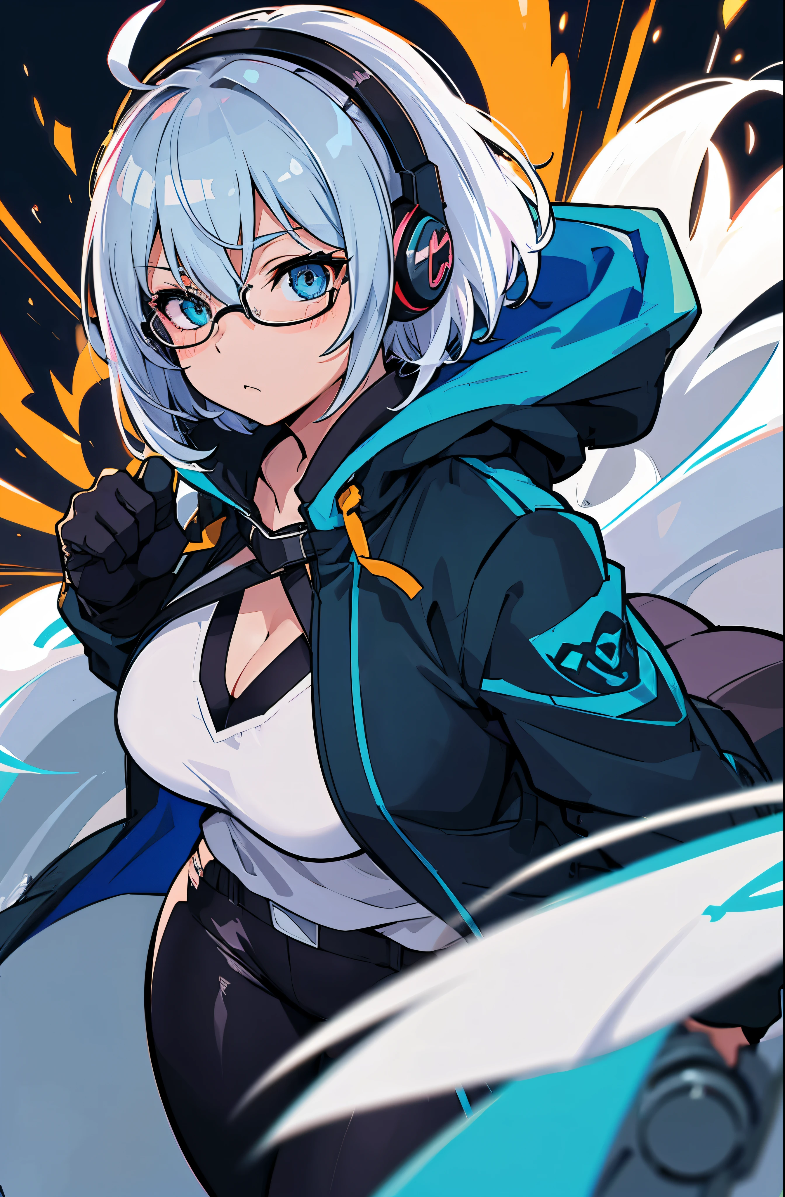 anime poster style, (masterpiece, best quality, ultra detailed, best shadow), (detailed, city background), (beautiful detailed face), high contrast, (best lighting, extremely delicate and beautiful), ((cinematic light))headphones cat icon, glasses, with heterochromia, blue eyes and orange eyes, anime moe art style,adult , vector shading anime, white hair,. Anime girl, female anime character, perfect girl with blue-gray hair, short hair,cute girl, curvy hips and thick thighs,(casual clothes), open jacket with greenish blue color,black pants