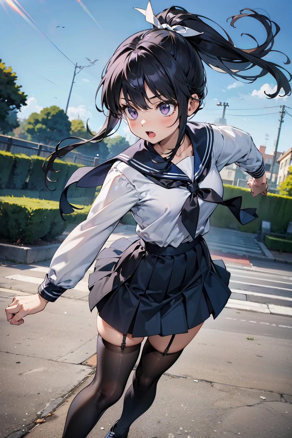 small face compared to body,8K, highest quality, masterpiece, Super detailed, ultra high resolution, realistic, RAW photo, absolute resolution, black hair, navy blue sailor uniform, Dark blue skirt, navy blue sailor uniformを着た女子高生, Anime 2D rendering, realistic若いアニメの女子高生, （White headband）, purple eyes, small breasts, tall, slanted eyes, school scenery, black stockings, bright color, open your mouth a little, ponytail, Tie your hair with a white ribbon, sprinting at full speed, 揺れるponytail, full body shot, 
