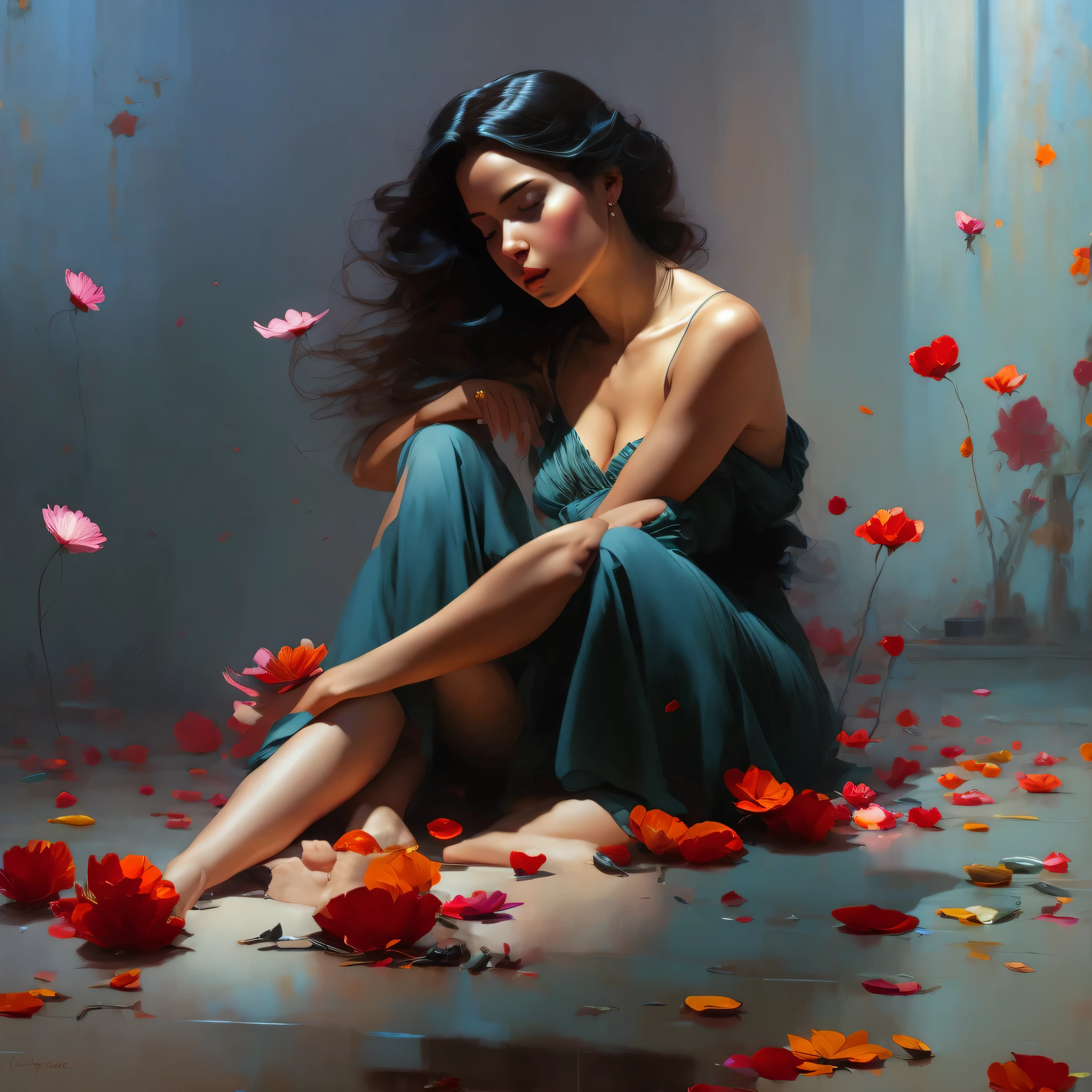 painting of a woman sitting on the floor with petals on the floor, artgerm julie bell beeple, wlop art, wlop jeremy lipkin, charlie bowater rich deep colors, wlop |, peter mohrbacher'', art of edouard bisson, art of wlop and greg rutkowski, art of wlop